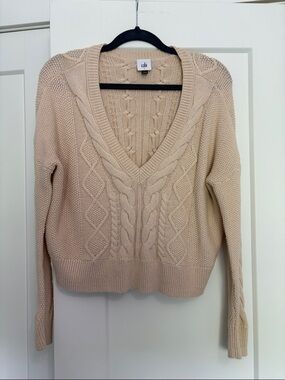 CAbi Neutral Cream Cable V-Neck Sweater